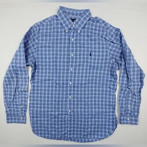 Men's Ralph Lauren Plaid Blue Button Down Dress Shirt Slim Fit XL
